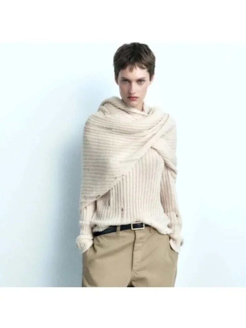 Zara Womens Cardigan Medium Beige Distressed Asymmetric Alpaca Wool 0014/104 NWT